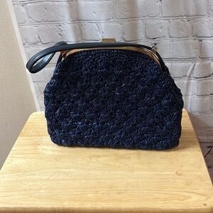 Vintage Navy Raffia Crocheted 70’s Blue Snap Click Lock Handbag
